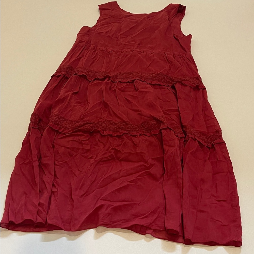 Sundance Zura Silk Blend Sleeveless Tiered Dress in Wine Red with Tie Waist - Picture 9 of 9